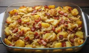 Zapečené zelí s bramborami a uzeninou